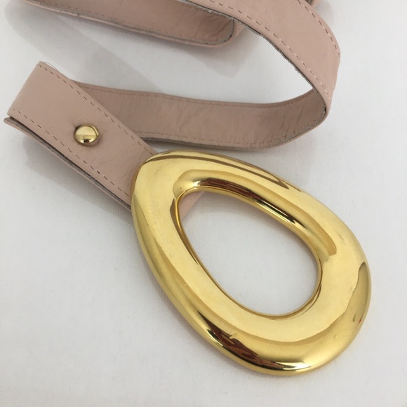 Vintage Alexis Kirk Thin Blush Pink Leather Belt Large Gold Buckle - Picture 2 of 12